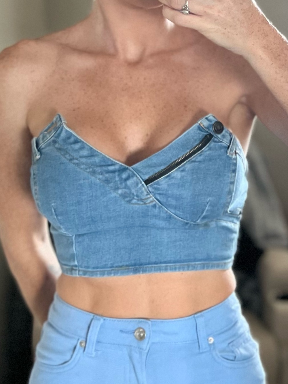 Fashion Nova Light Blue Denim Tube Top with Asymmetric Zip